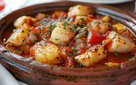 Hearty Bacalhau a la Portugaise (Portuguese codfish stew) with potatoes, tomatoes, onions, and peppers in a rustic earthenware dish.