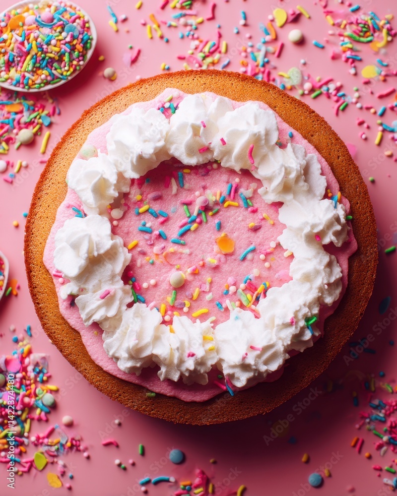 Poster aerial view of a frosted cake with colorful sprinkles on a pink background creating a festive and jo