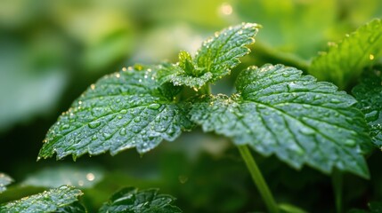 Close-up view of vibrant, dewy mint leaves.