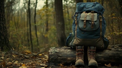 A hiker's backpack rests on a fallen log in the woods.