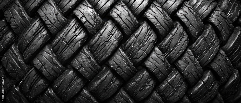 Poster detailed macro of woven black rope creating an abstract pattern with a rugged texture in monochrome