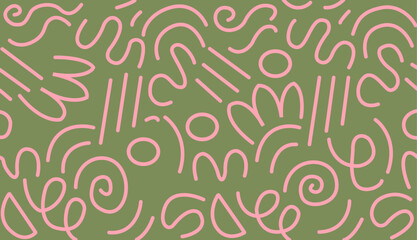 Memphis geometric seamless pattern. Multicolor abstract background in retro 80s, 90s style with various shapes: circles, dots, zigzags, spirals, wavy lines. Bright orange pink cute kid doodle design.