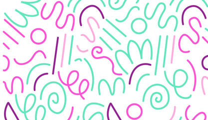 Memphis geometric seamless pattern. Multicolor abstract background in retro 80s, 90s style with various shapes: circles, dots, zigzags, spirals, wavy lines. Bright orange pink cute kid doodle design.