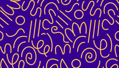 Memphis geometric seamless pattern. Multicolor abstract background in retro 80s, 90s style with various shapes: circles, dots, zigzags, spirals, wavy lines. Bright orange pink cute kid doodle design.