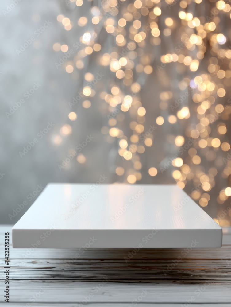 Aufkleber elegant white platform on rustic wood surface with soft bokeh lights creating a festive ambiance for