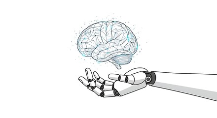 A robotic hand holding a glowing digital brain, representing artificial intelligence.