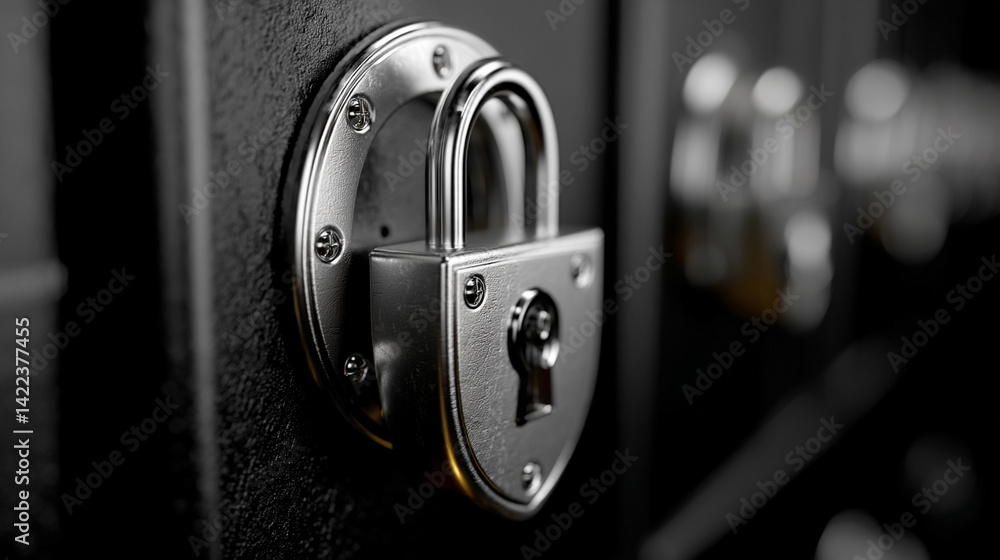 Poster minimalistic shiny metal shield with padlock icon symbolizes cybersecurity data protection and digit