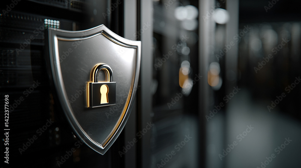 Poster minimalistic shiny metal shield with padlock icon symbolizes cybersecurity data protection and digit
