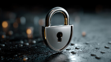 Minimalistic shiny metal shield with padlock icon symbolizes cybersecurity data protection and digital privacy on a dark blurred server background representing modern secure technology concept

