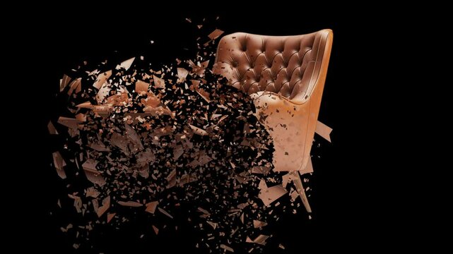  Explosion of a wooden chair with splinters and pieces flying showcasing intense damage and destruction.