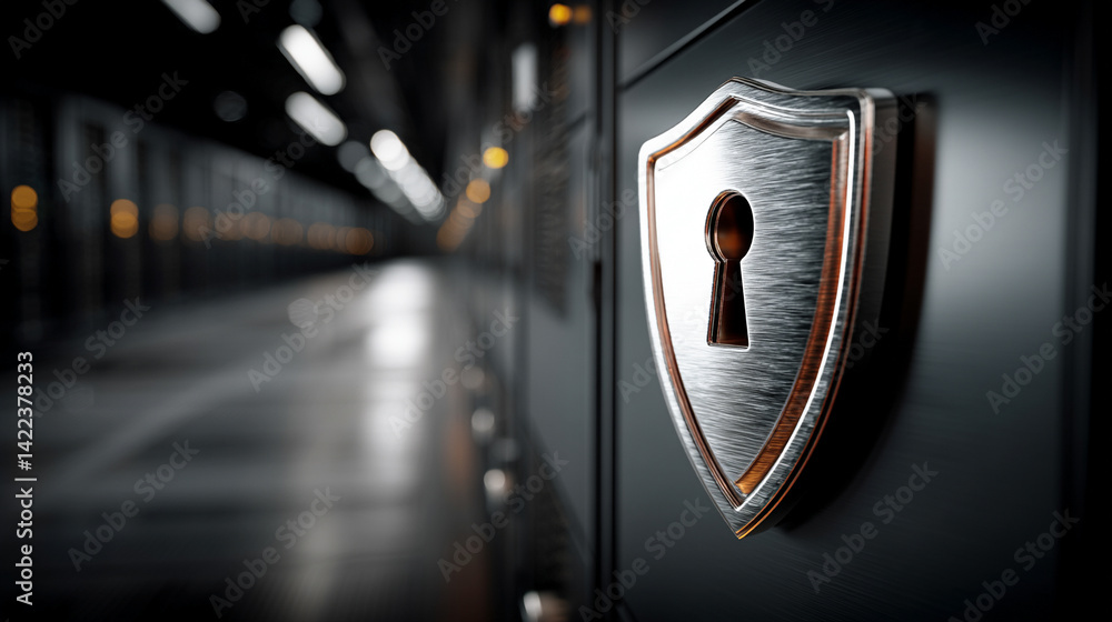 Poster minimalistic shiny metal shield with padlock icon symbolizes cybersecurity data protection and digit
