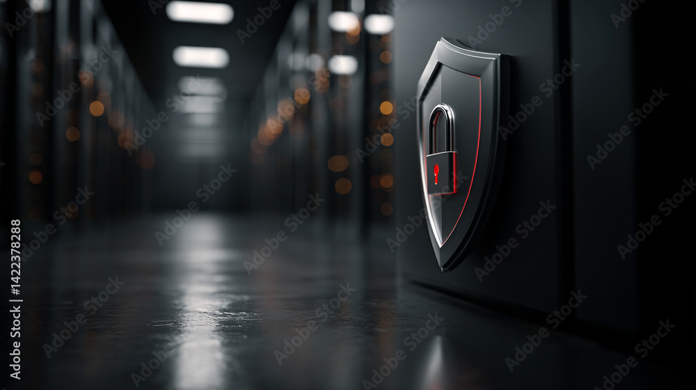 Poster minimalistic shiny metal shield with padlock icon symbolizes cybersecurity data protection and digit