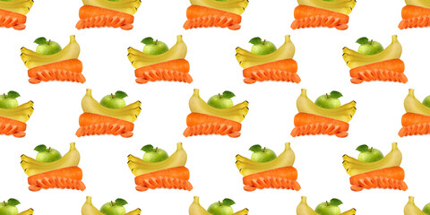 Seamless pattern of banana, apple and carrot slices on white background