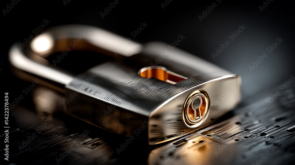 Poster minimalistic shiny metal shield with padlock icon symbolizes cybersecurity data protection and digit