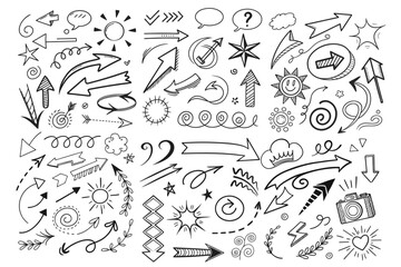 A clean vector set of hand-drawn sketch elements, including arrows, circles, swirls, scribbles, and symbols for design