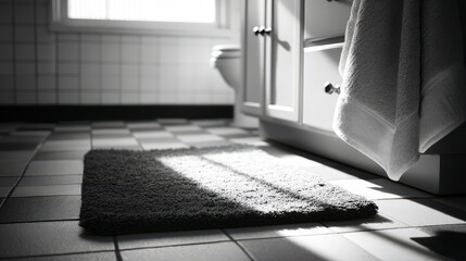 Sunlit Bathroom  Soft Bath Mat  Towels  Tile Floor