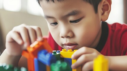 Child with Autism Building Blocks, Engaged in Creative Playtime