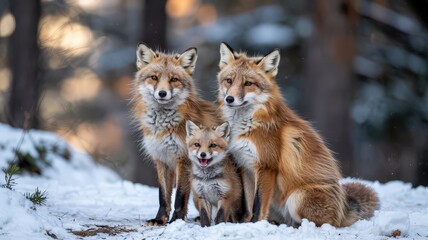 Fototapeta premium Family of Three Foxes Enjoying a Winter Day in the Snowy Forest