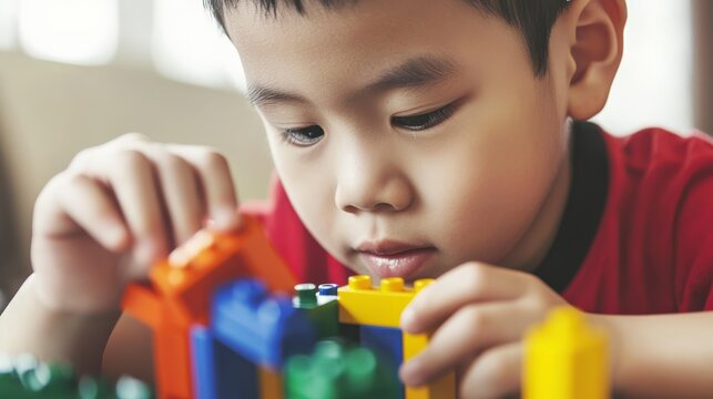 Child with Autism Building Blocks, Engaged in Creative Playtime