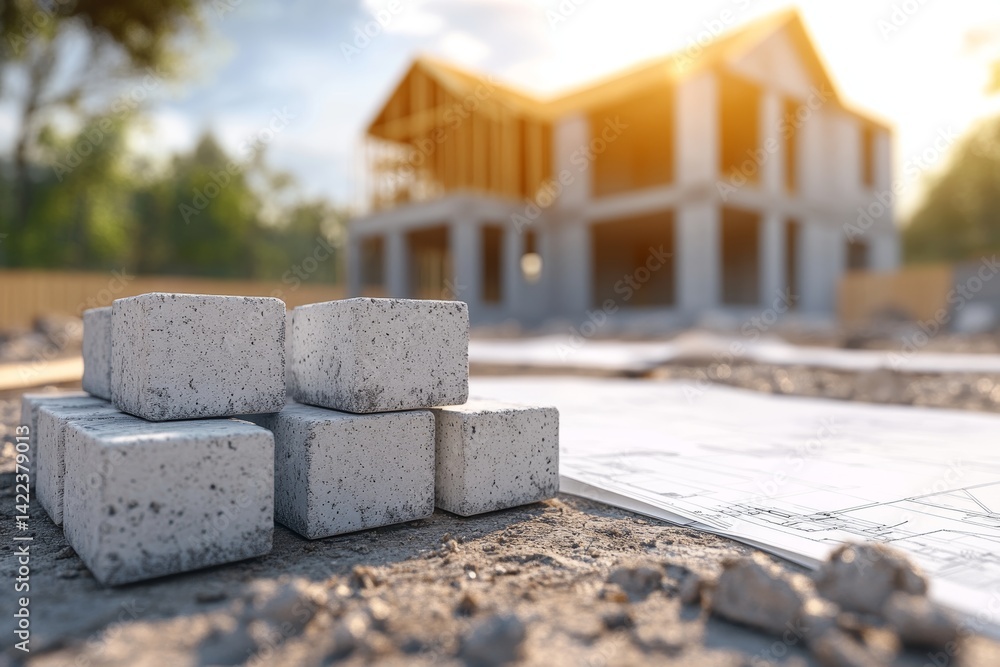 Poster close up of concrete blocks and blueprints on a construction site with house in the background
