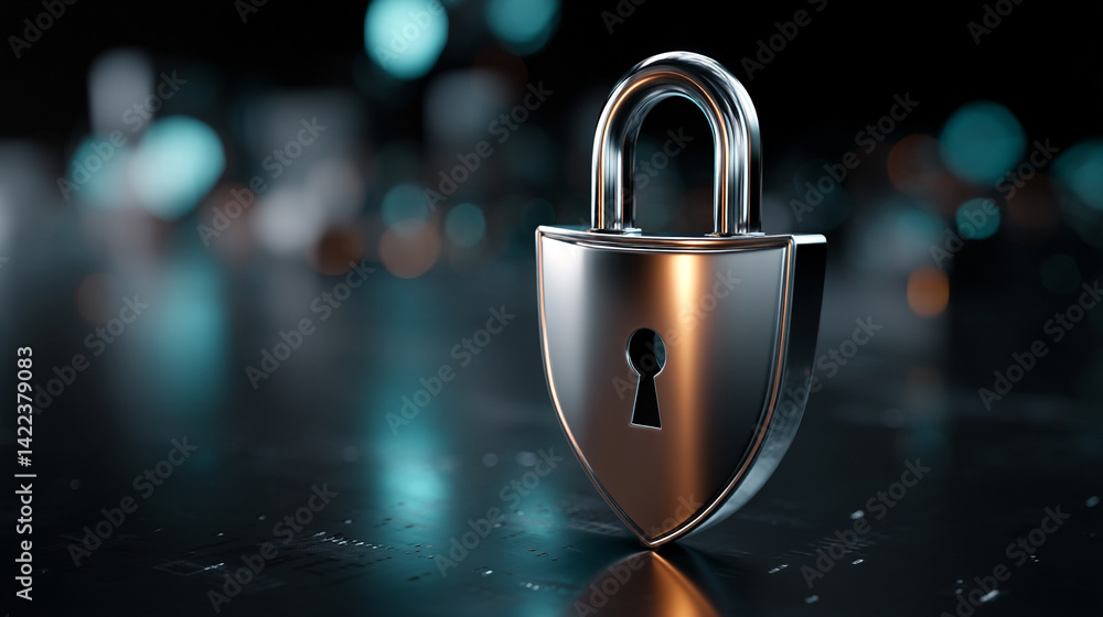 Poster minimalistic shiny metal shield with padlock icon symbolizes cybersecurity data protection and digit