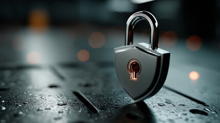 Minimalistic shiny metal shield with padlock icon symbolizes cybersecurity data protection and digital privacy on a dark blurred server background representing modern secure technology concept

