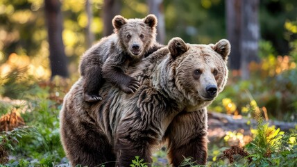 Obraz premium Fluffy Brown Bear Cub Riding on the Back of Its Mother in a Forested Setting During Golden Hour