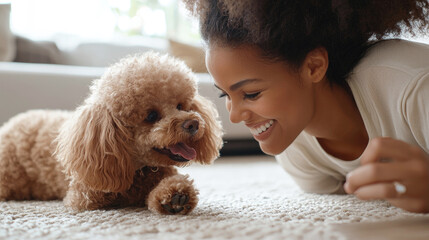 Plakat Happy Black woman playing with curly-haired poodle on carpeted floor, sharing joyful bonding moment in cozy and well-lit home interior.
