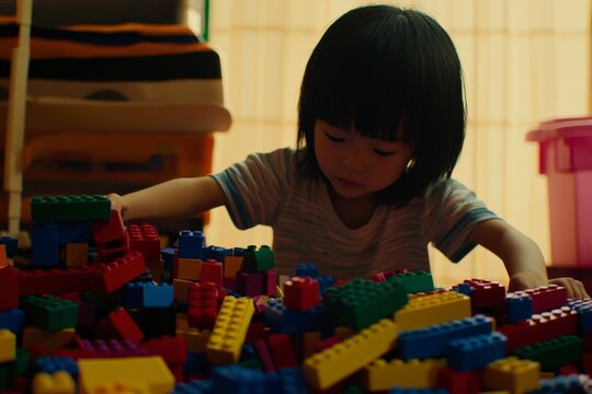 Child with Autism Engaged in Building Blocks Play in Warm Light