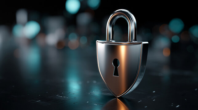 Minimalistic shiny metal shield with padlock icon symbolizes cybersecurity data protection and digital privacy on a dark blurred server background representing modern secure technology concept

