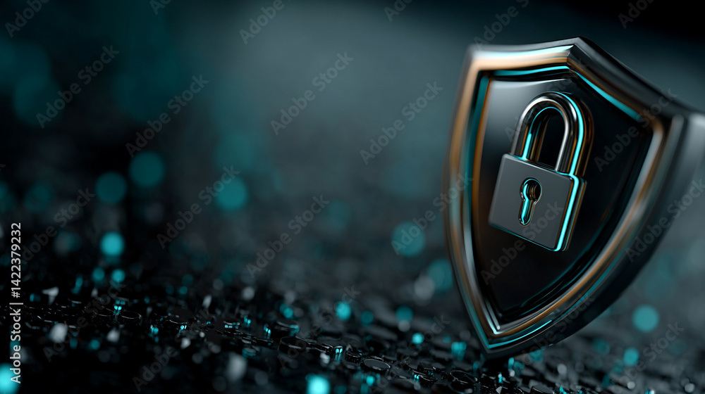 Poster minimalistic shiny metal shield with padlock icon symbolizes cybersecurity data protection and digit