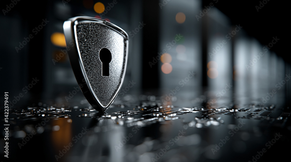 Poster minimalistic shiny metal shield with padlock icon symbolizes cybersecurity data protection and digit