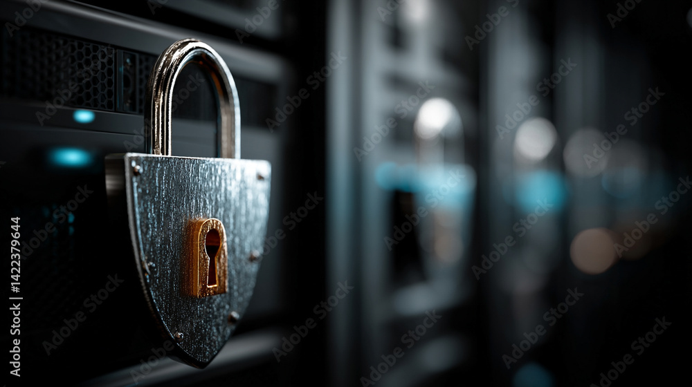 Poster minimalistic shiny metal shield with padlock icon symbolizes cybersecurity data protection and digit