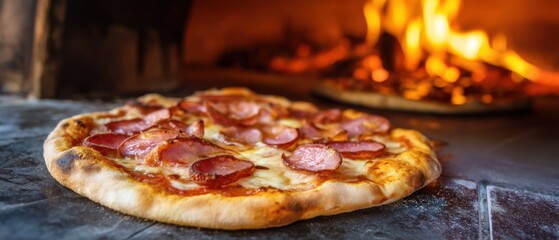 Appetizing pizza with pepperoni and melted cheese fresh from the wood fired oven in a restaurant kitchen warm light