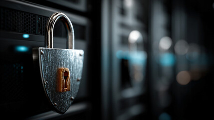 Minimalistic shiny metal shield with padlock icon symbolizes cybersecurity data protection and digital privacy on a dark blurred server background representing modern secure technology concept

