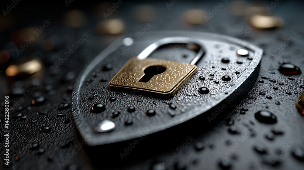 Poster minimalistic shiny metal shield with padlock icon symbolizes cybersecurity data protection and digit