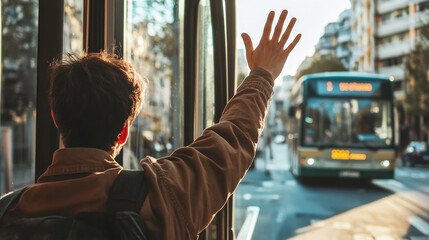 A man waves at an approaching bus to stop while standing at a bus stop, symbolizing daily commuting, public transport and urban mobility. Selective focus.