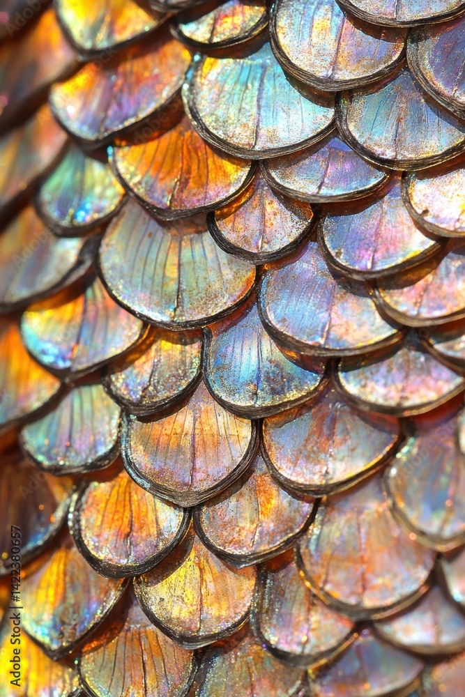 Poster iridescent shimmer on textured scales in a vibrant close up shot showcasing a captivating pattern an