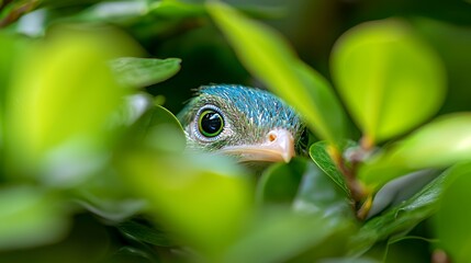 Obraz premium Bird peeking from leaves