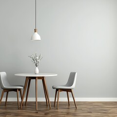 Bright and Minimalist Dining Area: Round Table, Two Chairs, Pendant Lamp, White Vase and Light Grey Wall.