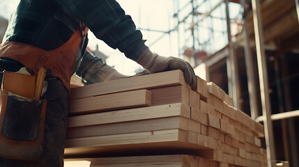 Construction Worker Handling Wooden Planks