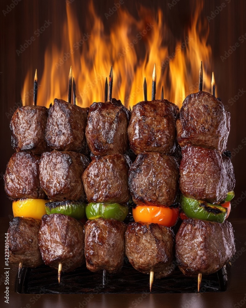 Poster delicious grilled meat skewers with colorful bell peppers against a fiery background creating a warm
