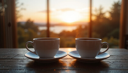 Fototapeta premium Two white coffee cups sit on a wooden table, overlooking a beautiful sunset. The warm colors reflect nature's tranquility, creating a peaceful atmosphere