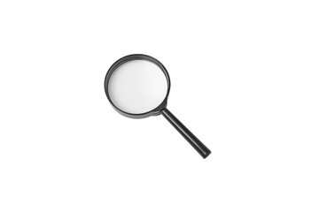 A black magnifying glass with a round lens with transparent background, viewed from above. The simple and clean design makes it suitable for educational, research, or detective-themed visuals.