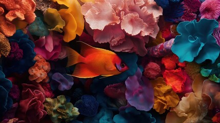 Fototapeta premium Underwater scene with a variety of colorful coral reefs. the coral reefs are in different shades of pink, orange, yellow, and blue, creating a vibrant and lively atmosphere.