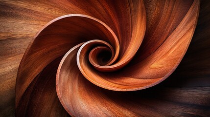 Intricate, swirling wooden sculpture; rich, dark brown hues; mesmerizing spiral form