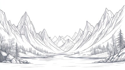 Majestic mountain lake landscape sketch, serene valley, tranquil scene, nature design
