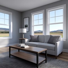 Fototapeta premium Bright living room with gray sofa, wood coffee table, natural light, and peaceful vista through large windows.