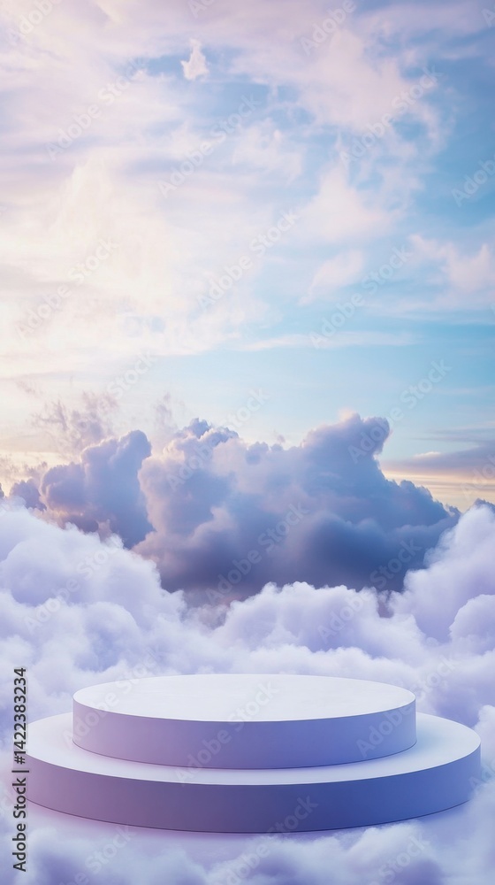 Poster elegant podium display amidst ethereal clouds and soft pastel sky a serene dreamy backdrop for produ