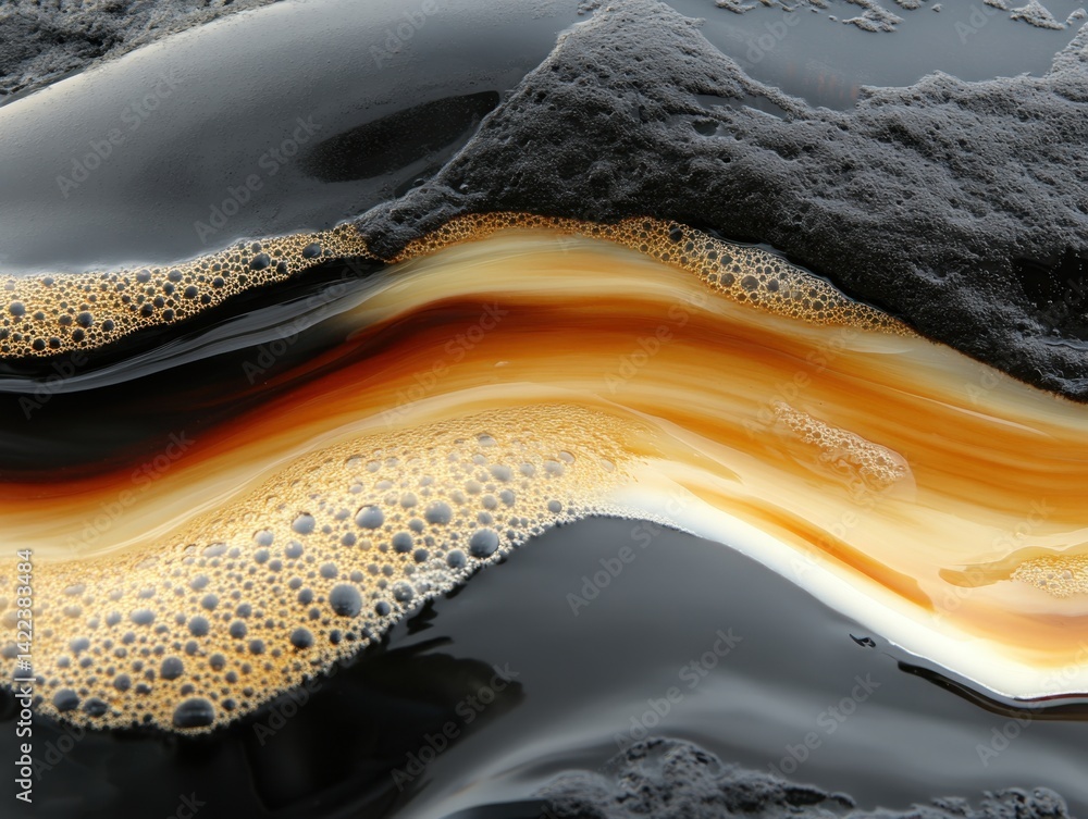 Poster abstract interplay of dark liquid and golden foam creating a mesmerizing and textured surface patter